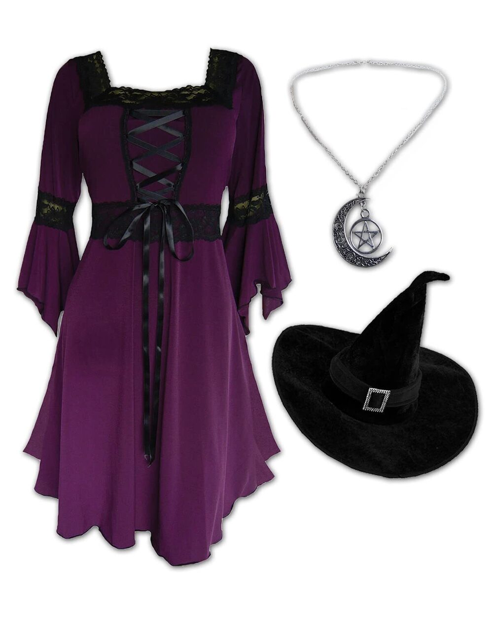 6407 Magick Witch Costume: Pentagram Pendant, Velour Hat, & Victorian